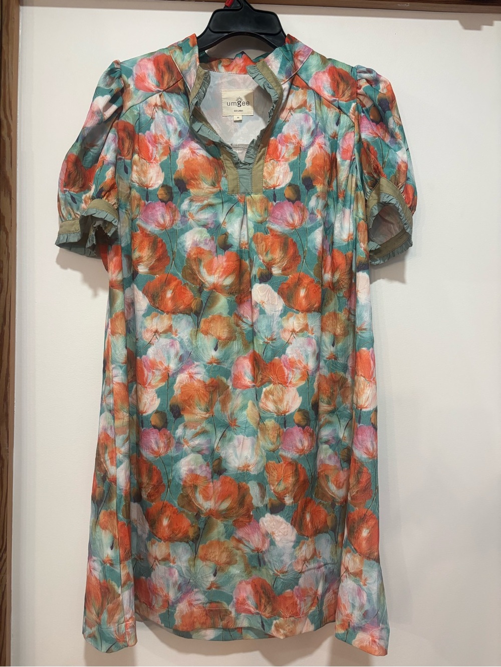 Umgee Teal and Orange Floral Puff-Sleeve Tunic